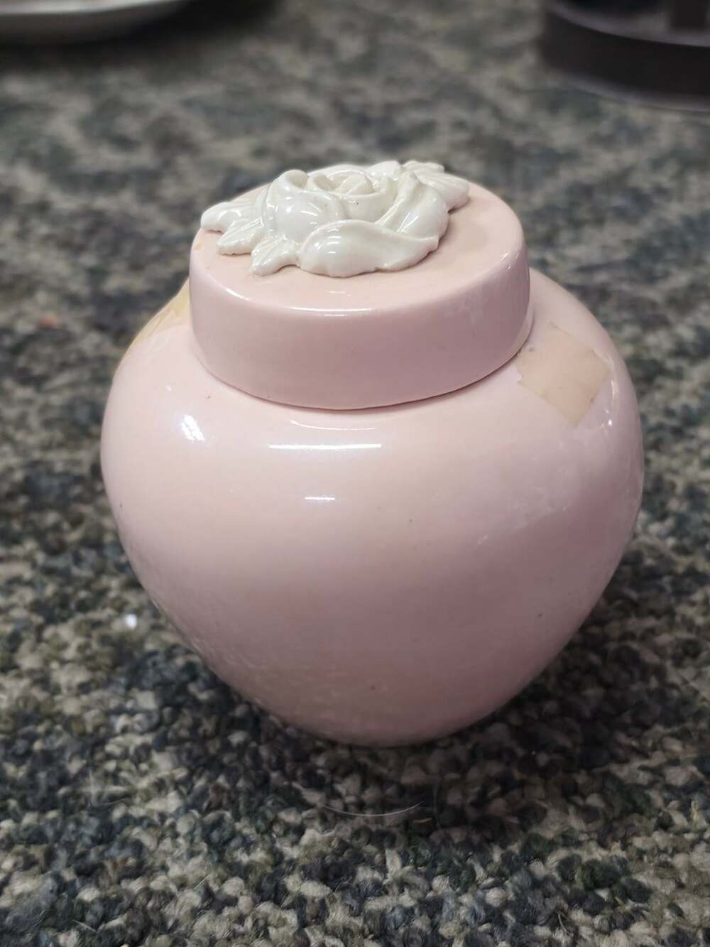 Vintage Pink Ceramic Ginger Jar With White Rose Lid